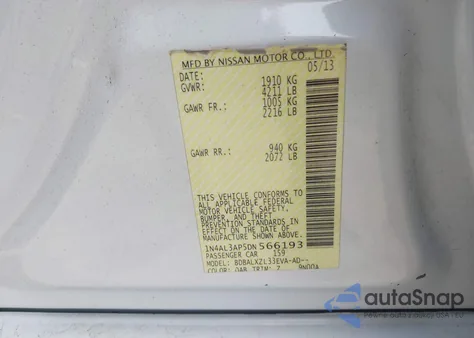 2013 Nissan Altima 2.5 Sl from USA, damaged, VIN 1N4AL3AP5DN566193